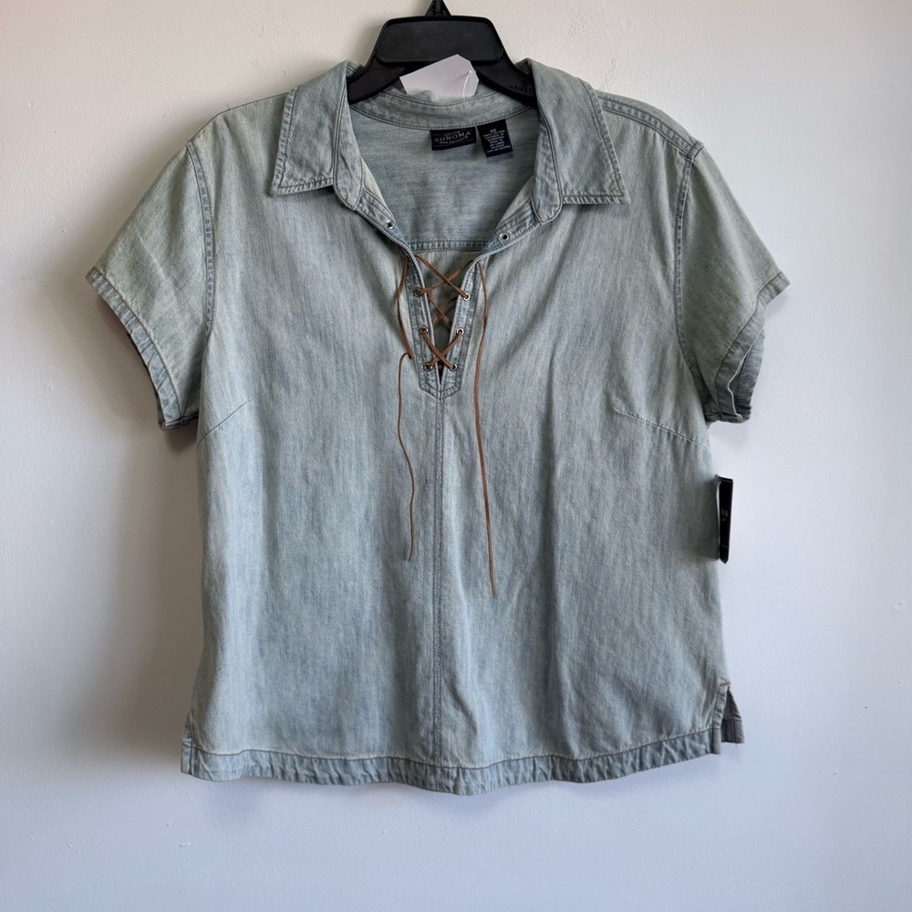 Sonoma Boho Denim Lace Up Neck Shirt Light Wash Cotton XS